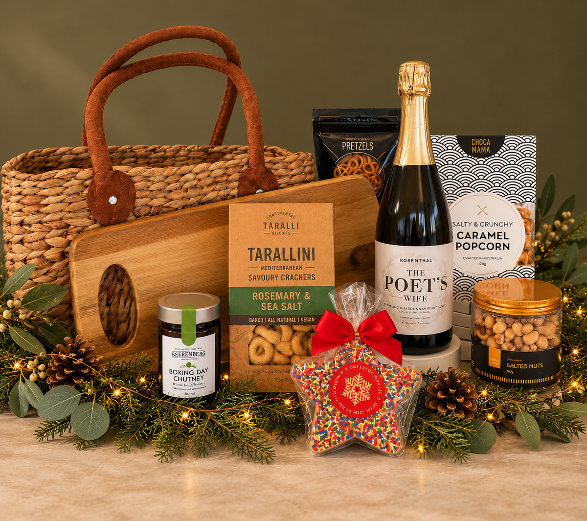 A beautifully curated hamper made for relaxed entertaining and festive celebrations. Presented in a natural woven basket, it brings together a bottle of sparkling wine with gourmet treats including rosemary & sea salt tarallini, crunchy pretzels, salted nuts, caramel popcorn and a delicious Boxing Day chutney.
Finished with a festive sprinkle star, this is a generous and stylish gift that’s perfect for sharing, celebrating and enjoying over the Christmas season.