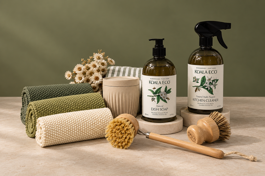 Eco cleaning products, knit cloths, coffee cups, and wooden brushes.