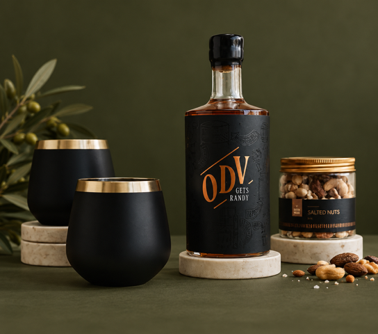 Bottle of ODV with two black stemless glasses and a jar of nuts on a green background.