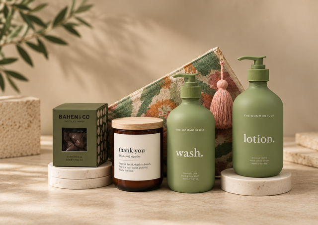 Wash and lotion, candle , treats and small bag on beige background