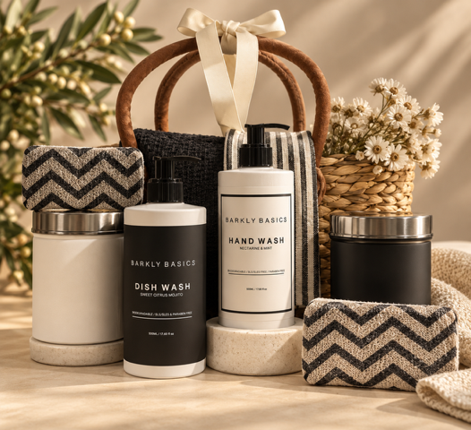A gift basket containing two storage canisters, one labeled 'Handwash' and the other 'Dishwash', along with a grey and black striped tea towel and a chevron-patterned sponge.