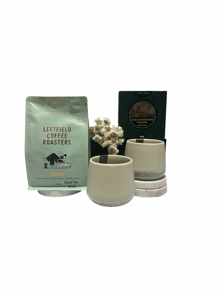 Leftfield Coffee Roasters package with ceramic cups on a white background
