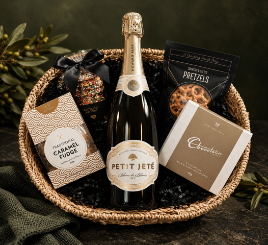 Small oval basket with Sparkling wine and gourmet treats, on green background with greenery.