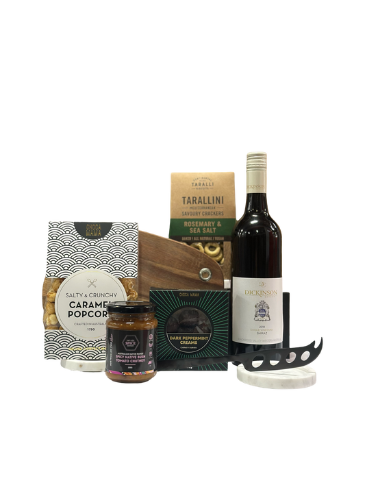 Wine bottle, wooden board and knife with snacks and packaging on a white background