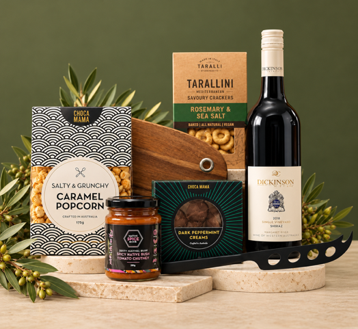 Wine bottle, wooden board and knife with snacks and packaging on a white background