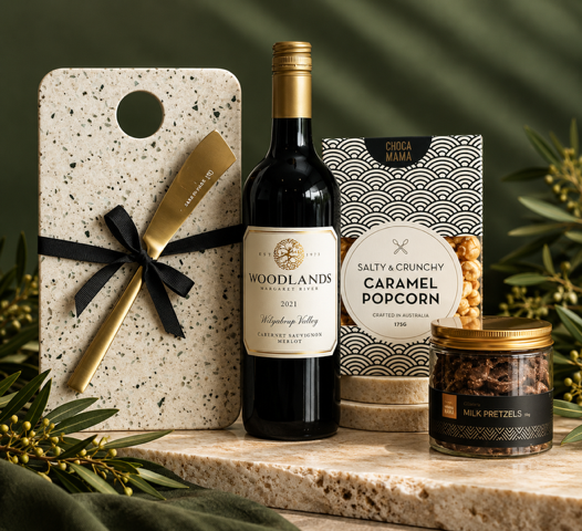 Wine bottle, popcorn, candle, and cutting board with knife on a green background