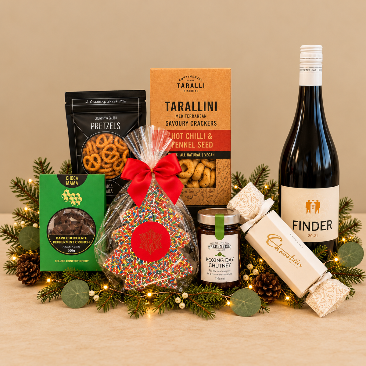 Selection of gourmet and bottle of wine on beige background with greenery.