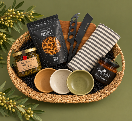 Gift basket with pretzels, jars, board, homewares and bowls  on a green background