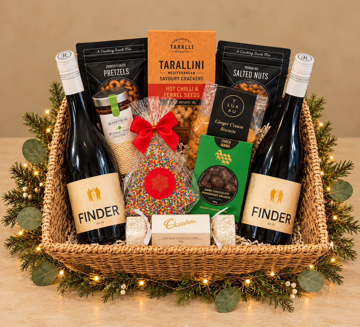 Basket filled with wine and gourmet on beige background and greenery.