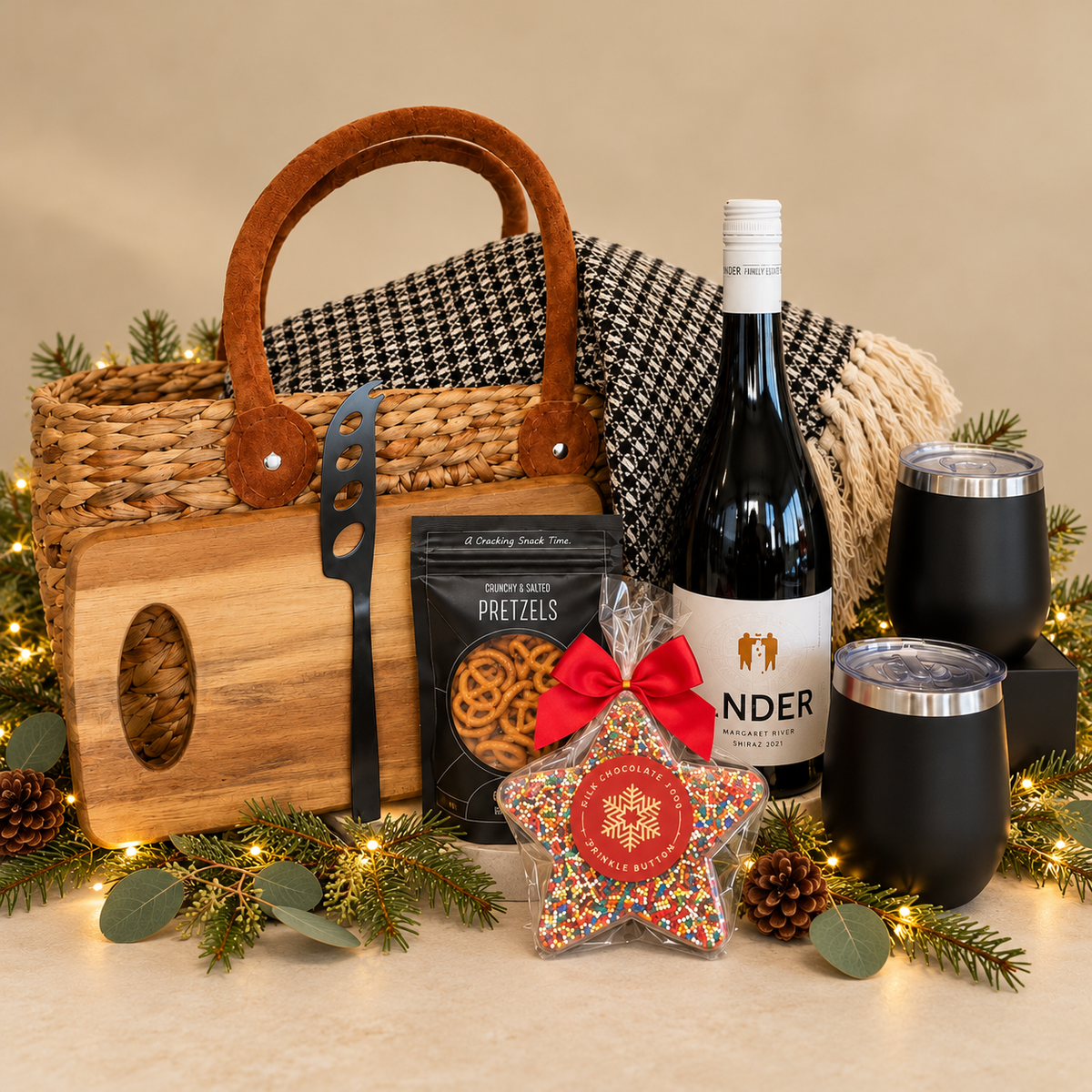 A holiday-themed gift basket arrangement on a white background, featuring a woven straw basket with brown leather handles, a wooden cutting board with a black-handled knife, a bottle of wine, two black insulated tumblers, a black package of gourmet pretzels, a red bow, and a decorative star ornament, styled with pine branches, eucalyptus, and fairy lights.