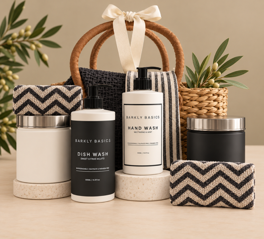 A gift basket containing two storage canisters, one labeled 'Handwash' and the other 'Dishwash', along with a grey and black striped tea towel and a chevron-patterned sponge.