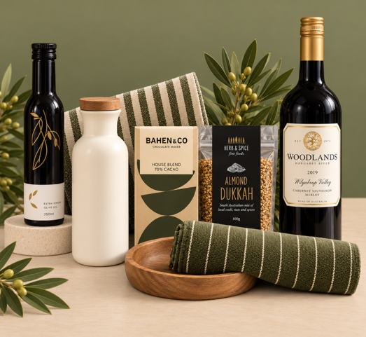 A gift box containing a ceramic jug, a small wooden bowl, black and white striped tea towels, a bottle of wine, olive oil, dukkah, and chocolate, all arranged on a matte creamsurface.