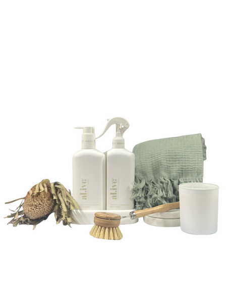 Set of cleaning products including bottles, a scrub brush, and a towel on a white background