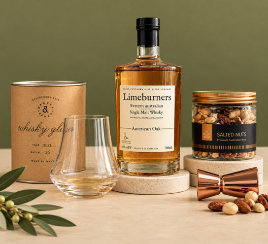 A styled product arrangement on a marble surface featuring a bottle of Limeburners single malt whisky, a branded kraft gift box, a clear whisky glass, a tin of salted nuts, copper jiggers, and scattered nuts, with greenery and a soft olive-green backdrop.