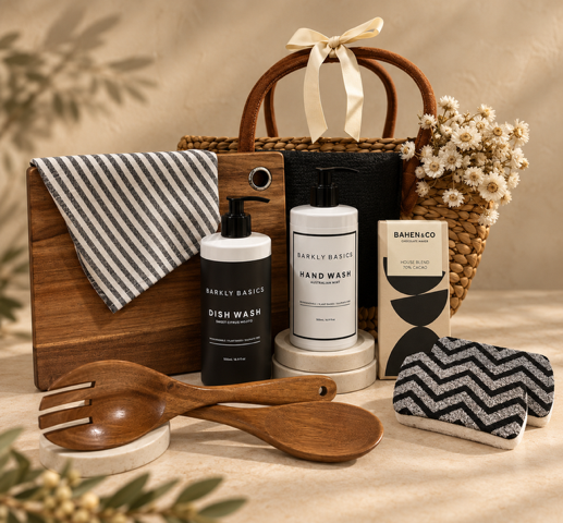 A gift basket containing a wooden cheese board, wooden salad servers, black and white tea towels, a sponge, and a bottle, all arranged on a beige background.