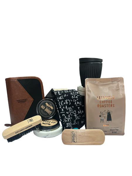 Collection of grooming and coffee products including a leather wallet, coffee beans, and grooming items on a white background.