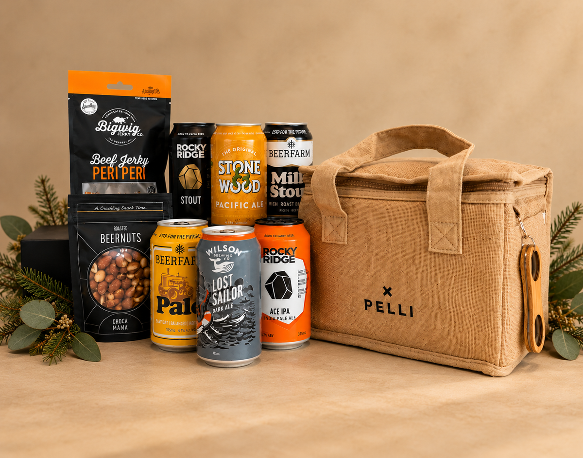 A fun and generous gift designed for the beer lover, packed with a selection of Australian craft beers and delicious snacks. Featuring a mix of Rocky Ridge, Stone & Wood, Beerfarm, Balter and Wilson Brewing Co. beers, alongside crunchy pretzels, roasted beer nuts and Peri Peri beef jerky.
Presented with a stylish PELLI cooler bag, this gift is perfect for summer entertaining, weekends away or enjoying a relaxed afternoon with friends. A great choice for clients, staff or anyone who appreciates good beer and