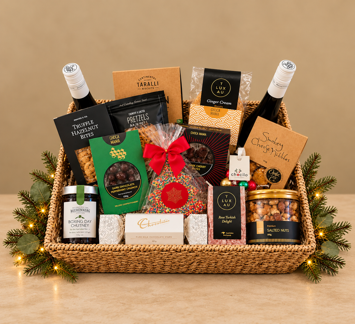 Selected of wine and gourmet in large basket with green background and greenery and lights